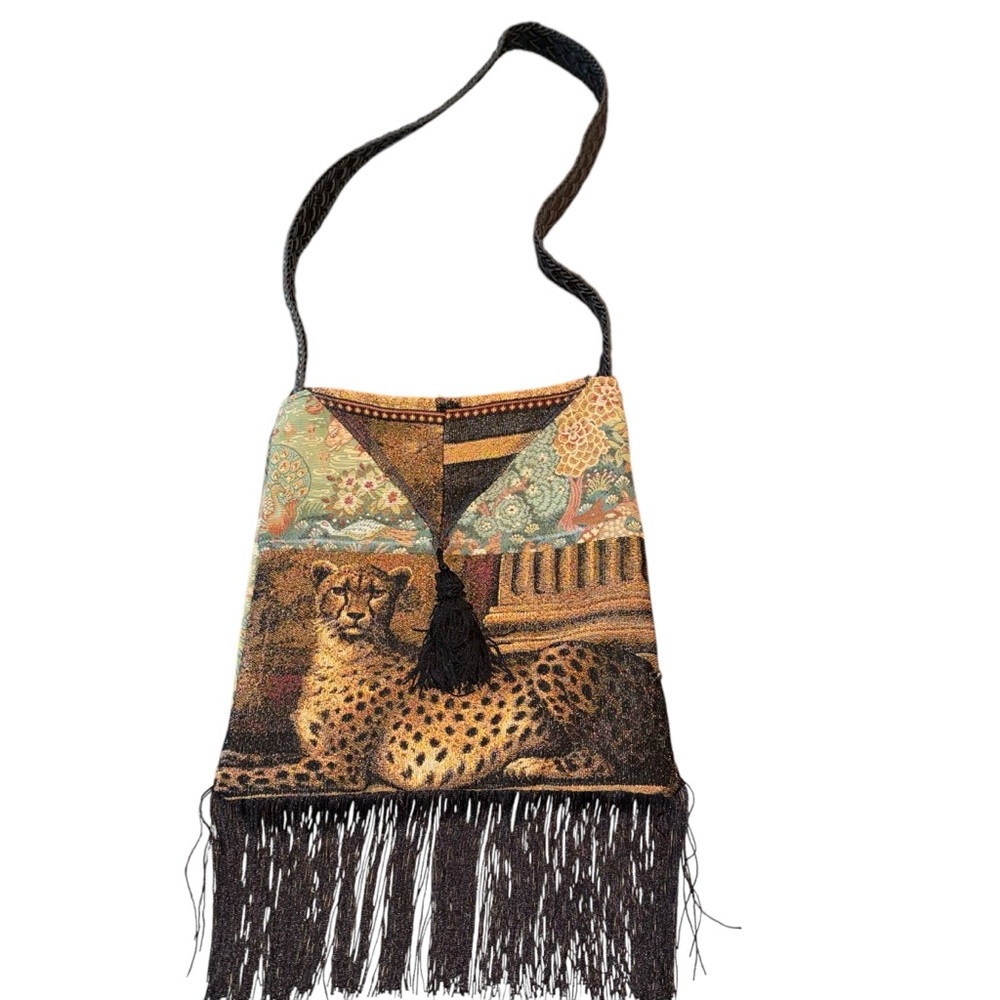 Upcycled Boho Fringe Crossbody Shoulder Bag Cheetah Handmade Reworked Crossbody